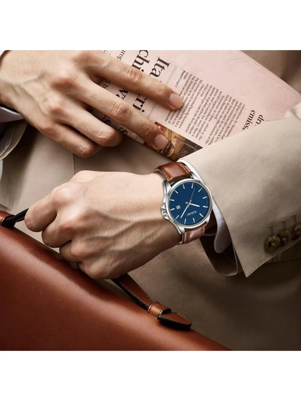 Men's Brown Blue Minimalist Fashion Leather Strap Classic Analog Dress Watch